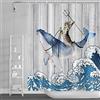 SDOTPMT 152x183cm Divertente Gatto Cavalcare Balena Tenda da doccia Annata Legna Pavimento Giapponese Oceano Onda Tenda da bagno cartone animato Tenda da doccia Impermeabile per Bagno con ganci