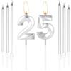 mciskin Candele per torta in argento 25 - Numero 25 3D per torta con 6 candele lunghe/sottili, topper per torta in argento per ragazza ragazzo 25° compleanno, decorazioni per 25° anniversario di