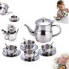 Generic Set da tè per bambini, in acciaio inox, lucidato a specchio, accessori da cucina con teiera, 4 tazze, piattini e cucchiai, set da tè in metallo per bambini, ragazze, ragazzi, campeggio, casa, 13 pezzi