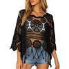 WANWEN Copricostume Boho Donna in Pizzo Uncinetto Trasparente, Top Mare con Frange e Tagli, Collo a Conchiglia Maniche 3/4 a Campana per Vacanze e Piscina (Black,M)