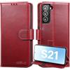 Lensun Cover in Pelle Vera per Samsung Galaxy S21- Rosso vino | Custodia in Vera Pelle [Supporto Stand] Libro con Portafoglio Chiusura Magnetico Flip Custodie Cuoio