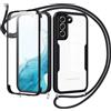 Jrkvniv Cover per Samsung Galaxy S22 5G con Cordino,360 Gradi Trasparente Custodiacon con Protezione Schermo Integrata,Bumper Rugged Custodia con Regolabile Tracolla Corda Collana per 6.1-Nero