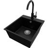PRIMAGRAN Lavandino da Cucina Nero 43x50cm, Lavello in Granito a 1 vasca + Rubinetto 32x20cm + Set di accessori, Lavabo da Cucina Incasso al Mobile 45cm - Riga S135