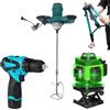 Generico Kit Professionale 3 in 1, Miscelatore Malta e Cemento 1600W 6 Velocità M14 + Livella Laser 4D 16 Linee Autolivellante + Avvitatore con 2 Batterie, Set Completo da Lavoro
