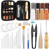 Tundi Set di 39 kit per la riparazione della pelle con filo di cera, aghi in pelle per tappezzeria, AWL, nastro di misurazione, utensili manuali in pelle, accessori fai da te