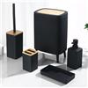 AJEUNGAIN Set Bagno Accessori Completo Nero, Accessori Bagno Bamboo 5 pezzi - Pattumiera Bagno con Gambe, Dispenser Sapone e Porta Spazzolini, Scopino e Porta, Vassoio da Vanity (Nero)