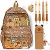 CYGMRFH Set di zaini e cancelleria con capibara, carino set multiplo marrone, zaino per ragazzi e adolescenti con penne, portachiavi, astuccio in silicone, borsa a tema animale per studenti, A2, M