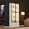 VIVCA Vetrina 80 x 34 x 200 cm, Mobile alto con luci a LED, mobile da soggiorno con 2 ante, armadietto con 2 cassetti, scaffalature, libreria, espositori, telaio in alluminio, bianco