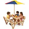 LIFEZEAL Set da Giardino per Bambini in Legno di Abete | Tavolo e Panche da Giardino con Ombrellone Rimovibile e Regolabile, Panche con Schienale, per Cortile, Portico, Patio