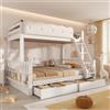Zravenna Letto a castello per 2 bambini, 90 x 200 cm/140 x 200 cm, con ringhiere a nuvola, cassetti e portariviste, letto familiare in legno, senza materasso (C-bianco)