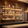 FKKPRVAX 120CM Grande Portabottiglie Da Parete con illuminazione a LED, 3 Livelli Supporto Vetro in legno massello in stile industriale vetrinetta da parete Pensile bar, ristoranti e case