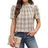 WIHOLL Camicette da donna a maniche lunghe, con collo alto, plissettate, da lavoro, vestibilità ampia, A-plaid Cachi, S