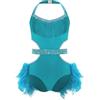 TSSOE Bambini Costume Danza Latina Spettacoli Bambina Tuta Concorso Danza Pattinaggio Artistico Performance Strass Gonna Piume Turchese 9-10 anni