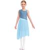 TSSOE Bambina Asimmetrico Abito Danza Lirico Classico Ragazza Body Ginnastica Balletto Spettacolo Gonnellina Fessura Laterale Abbigliamento Danza Azzurro Chiaro 13-14 Anni