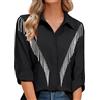 Generisch Camicia da donna con bottoni e frange con strass, maniche a 3/4 arrotolate, top scintillante, da concerto, western, Nero , M