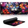 LJSPTU Tappetino per mouse da gioco, gatti colorati e fiori psichedelici di grandi dimensioni, tappetino per mouse riscaldato per tastiera estesa XL (80 x 33 x 0,3) cm, 3 livelli di spegnimento automatico,
