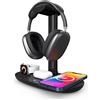 PUSOKEI Supporto per Cuffie con Caricabatterie Wireless, Supporto per Cuffie con Stazione di Ricarica Qi 4 in 1, Dock per Stazione di Ricarica Wireless Veloce da 15 W per Telefono IOS, Orologio, Auricolare
