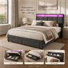 Letto matrimoniale 160/180x200 cm con struttura a doppio ripiano, contenitore idraulico e 2 cassetti, illuminazione LED regolabile, testiera in lino con contenitore, senza materasso, rete a doghe in