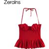 ZERAINS Top da donna 2026 nuovo outfit estivo alla moda con scollo a cuore, perle e patchwork in pelle