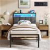 VASAGLE Struttura Letto Singolo in Acciaio, con Luci LED e Prese, 218,3 x 90,5 x 104,5 cm, Nero Opaco, Testiera Imbottita, Spazio Sotto il Letto, Collezione Conner RMB122G101