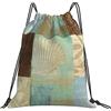 Generic Unisex Borsa Coulisse Starfish Shell Vintage Pattern Blue Brown Collage Sacchetto Sportivo con Coulisse Zaino da Viaggio per Adulto Piscina Vacanze 36X42Cm
