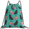 Generic Poliestere Borsa Sportiva da Palestra Black Pug Dog Flower Sacca Sportiva Stampa Zaino Sportivo per All'Aperto Adulto Piscina 36X42Cm