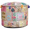 Aakriti Gallery - Copri pouf rotondo in stile etnico, rivestimento decorativo indiano in cotone ricamato per poggiapiedi, ottomano, solo fodera, beige, 45,7 x 33,7 cm