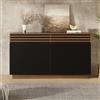 MSMOK Credenza 150 x 40 x 85 cm, moderna, effetto legno marrone, ante nere, 2 cassetti, 4 ante, molto spazio, design elegante, per soggiorno, sala da pranzo, cucina