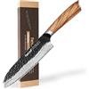 hecef Coltello Santoku Damasco 18 cm con Manico in Legno d'Ulivo | Coltello giapponese professionale, coltello chef in 67 strati di acciaio Damasco, per frutta, verdure e cucina di casa