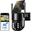 WESECUU Telecamera di sorveglianza WiFi esterna senza fili solare 2.5 K 4 MP con pannello solare 5 W, 2 K QHD, batteria 8000 mAh, 2.4 G e 5 GHz Wi-FI, 360° PTZ monitoraggio automatico, IP66, PIR Rilevamento