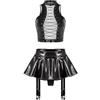 Jugaoge Top da donna con supporto lucido e gonna in finta pelle con slip giarrettiere, 2 pezzi, lingerie Babydoll Gogo Outfits Clubwear, Nero , S