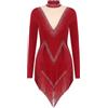 Miaeowve Latin Show Danza Abito da donna, a maniche lunghe, con frange, strass, con brillantini, pattinaggio artistico, con nappe, abito da ballo, concorrenza, bordeaux, XL