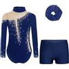 RUNQHUI Body da ginnastica per bambini, con strass, lucido, set di pattinaggio artistico, danza spettacolo, B Blu marino, 15-16 Anni