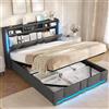 AOGLLATI Letto Matrimoniale Contenitore 140x190 cm con Sollevamento Idraulico, Letto Imbottito con Illuminazione a LED e Stazione di Ricarica, Struttura Letto con Testiera Imbottita, Grigio Scuro