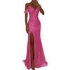 Generic Abito da ballo da donna, abito da festa da donna, maxi abito con paillettes, spalle scoperte, maniche corte, lunghezza al pavimento, abito da sera con paillettes, spacco laterale, per matrimoni