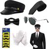 XNIVUIS 6 pezzi accessori per costume da autista novità costume da autista cappello nero occhiali da sole papillon guanti barba finta anni '80 gangster biker accessori per cosplay feste a tema (nero)