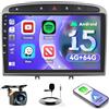 Inefala [4G+64G] Inefala Android Autoradio per Peugeot 308/408 2007-2015, Wireless CarPlay Android Auto, 9 Touchscreen Stereo Auto Bluetooth con GPS WiFi DSP RDS/FM Retrocamera MIC