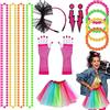 Kulannder 80s Costume Da Ragazza e Vestito Da Ragazza Accessori, Retro Party Con Abito Color Arcobaleno Collane Al Neon Cerchi Di Pizzo Guanti Di Perline Con Cerchi Di Maglia Collana 1980 Costume (6 Pezzi)