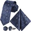 GASSANI Set Cravatta Uomo 3 Pezzi Blu Scuro, Cravatta Sotille Matrimonio Motivo Paisley, Slim Strette Larghezza 7 cm, Gemelli, Pochette Taschino