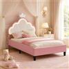 DULRLLY Letto bambini imbottito 90x200 cm, letto singolo con strisce LED regolabili e Testiera a forma di corona, letto Principessa con rete a doghe per bambini ragazze e adolescenti