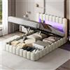 TIMORWTF Letto con sommier imbottito 160 x 200 cm con rete a doghe e vano contenitore, letto matrimoniale, con LED e USB, telaio letto con testiera imbottita, beige, lino