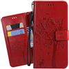 Ougger Custodia per LG K40 Custodia Portafoglio Pelle Magnetico Morbido Protettivo Silicone Flip Borsa Cover per LG K40 con Porta da Visita, Gatto e Albero (Rosso)
