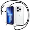 Votvloay Cover Cordino per iPhone 13 Pro Max 6,7 con 2 x Pellicola Protettiva Vetro Temperato, Trasparente Custodia con Laccio Tracolla Corda, Sottile TPU Silicone PC Antiurto Case, Nero