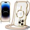 Coiwxmoi Magnetica Cover Ondulato per iPhone 14 Pro Max con Cordino 6,7,[Compatibile con MagSafe] Trasparente Custodia con Laccio Collana Tracolla,Telaio Forma Riccia Silicone Protettivo Case, Oro