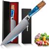 hoforife Coltello da Chef 20 cm, Giapponese Damasco 67 Strati - Anima in Acciaio VG10 ad Alto Contenuto di Carbonio - Manico Ergonomico in Legno - con Custodia Regalo (Blu e marrone)