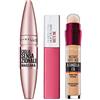 Maybelline New York Kit MakeUp Mascara Volumizzante Allungante Ciglia Sensazionali + Correttore Multi-Uso il Cancella Età 02 Nude + Tinta Labbra a Lunga Durata, Matte Ink 15 Lover