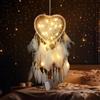Kikuo Ragazze Acchiappasogni Grande, Cuore Cavo Dream Catcher con Luci a Led, Fatto a Mano DreamCatchers Piuma Bead Wall Hanging Dreamcatcher per Camera da Letto Matrimonio Decorazione Craft Gift