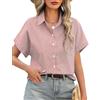 Fashora Camicia Donna Estiva Camicetta Manica Corta Elegante Scollo a V Camicia Cotone a Righe Blusa Loose Bottoni Classico Basic Casual Shirt (Azzurro, XL)