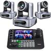 Tenveo Kit Telecamera PTZ e Controller - 3 Telecamere NDI PTZ con Auto-Tracking AI 20X, SDI/HDMI/USB3.0/LAN(PoE) e 1 Controller Joystick NDI con Quad-Screen da 7 Pollici per Live Streaming, Chiese
