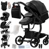 Magic ZC Pelle PU Passeggino Trio, Passeggino 3 in 1 con Spinta Reversibile a Due Vie, Trio Neonati con Accessori, Carrozzina per Neonati con Design Portatile Pieghevole Un Clic (L518 All Black)